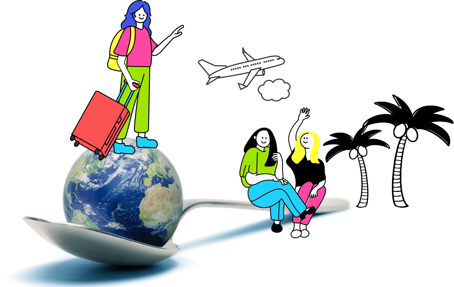 スプーンの上に乗った地球とスーツケースを持った留学生、現地の学生とヤシの木、飛行機のイラスト