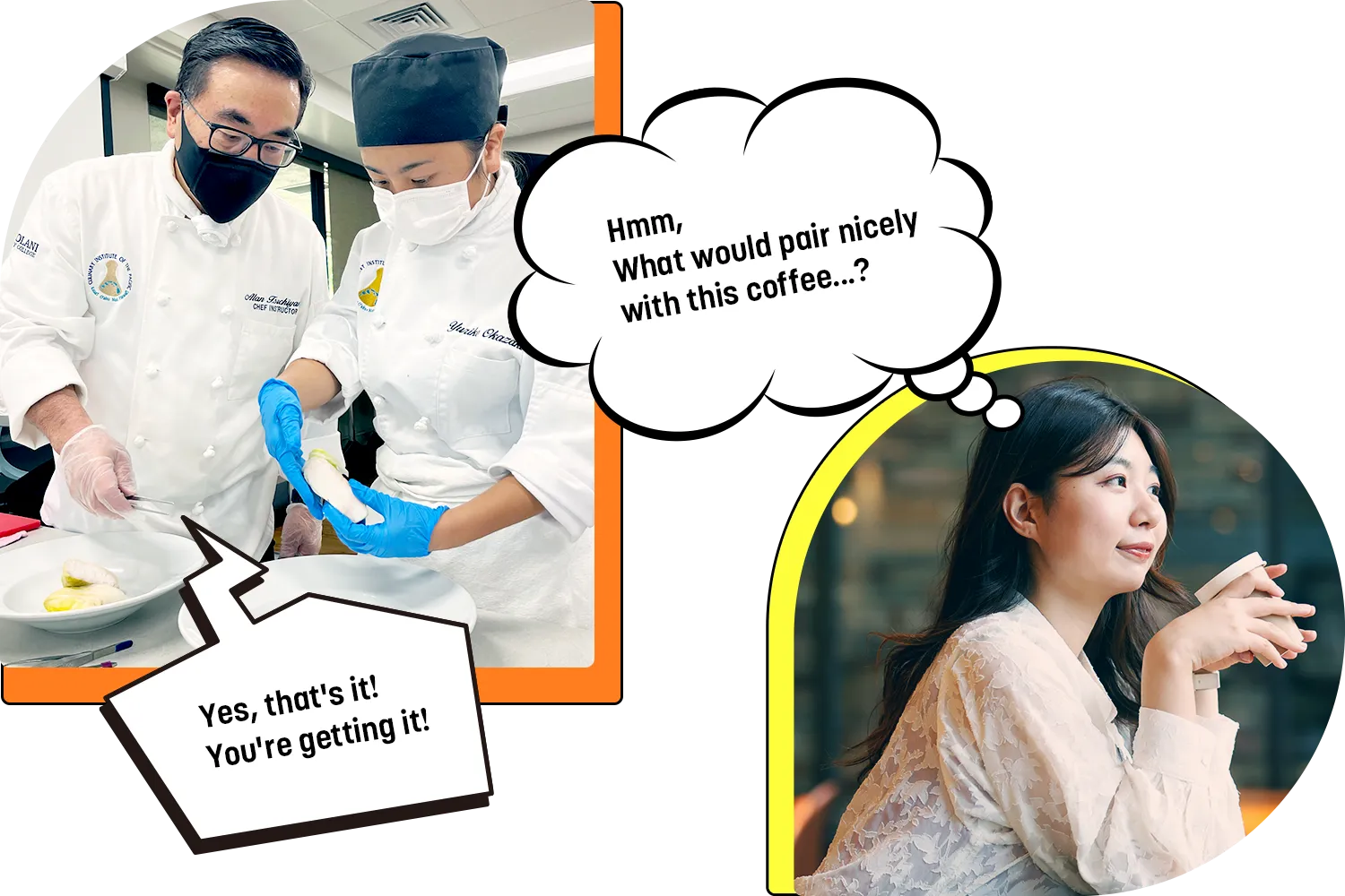 実習でアドバイスを受ける学生とカフェで考える学生の写真